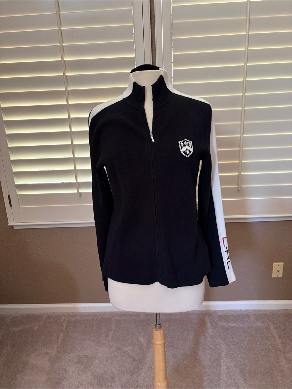 Ralph Lauren Women's Black Zip-Front  Jacket White Sleeve Detail like new M
